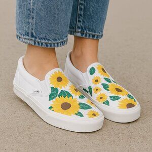 Vans SZ 8 White Customized Hand Painted Sunflower Motif Slip On Sneaker NEW
